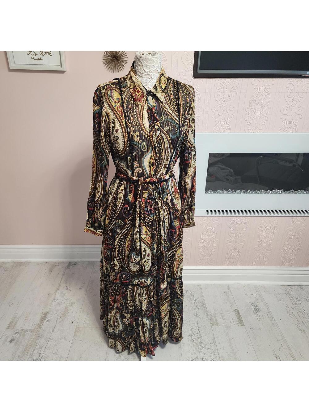 Zara Paisley Belted Maxi Shirt Dress Boho Long Sleeve Women’s Medium